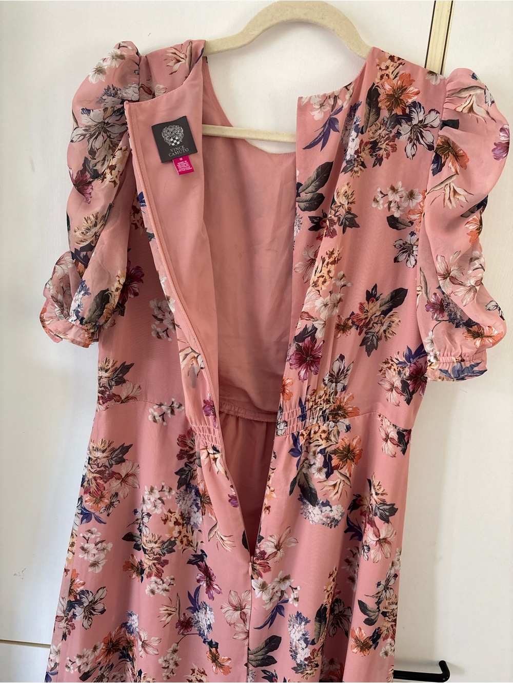 Vince Camuto Pink Garden Floral Puff Sleeves Midi Dress Size 10 Brunch Coquette - Picture 7 of 15